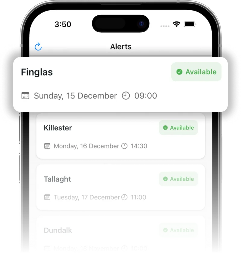App screen showing driving test slot alerts
