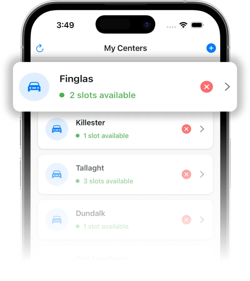 App screen for selecting driving test centres